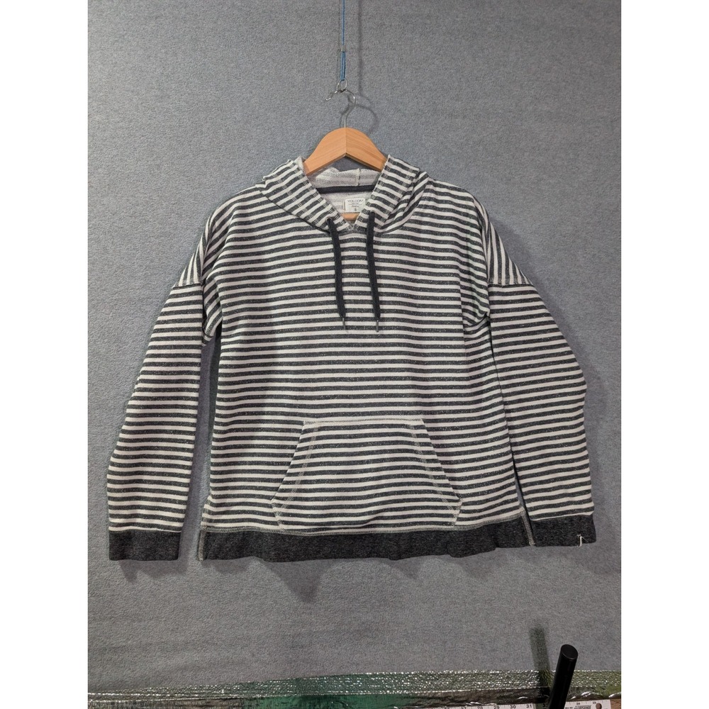 Volcom Striped Hoodie Women's Medium Size 12 Gray White Pullover Surf